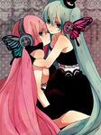  anko_(kirikiri) aqua_eyes aqua_hair bad_id bad_pixiv_id blue_eyes butterfly_hair_ornament butterfly_wings dress fingerless_gloves gloves hair_ornament hat hatsune_miku headphones long_hair magnet_(vocaloid) megurine_luka multiple_girls no_legwear pink_hair top_hat twintails vocaloid wings yuri 