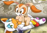  all_fours bat boots breasts brown brown_eyes couple cream_the_rabbit female green_eyes half-closed_eyes lagomorph lesbian mobius_unleashed nipples nude on_back open_mouth orange rabbit rouge_the_bat shoes sonic_(series) white wings 