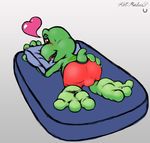  &hearts; achelthym adult balls bed blush butt drool drooling green green_body hindpaw ket_ralus ket_ralus_(character) male passion paws pillow plain_background red_eyes reptile saliva scalie shell-less short solo turtle underwear white_background 