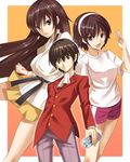  2girls black_hair breasts brown_hair gradient gradient_background headband highres kami_nomi_zo_shiru_sekai kasuga_kusunoki katsuragi_keima long_hair multiple_girls short_hair takahara_ayumi 