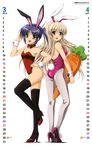  absurdres animal_ears ass black_legwear blonde_hair blue_hair bow bowtie bunny_ears bunny_girl bunny_tail bunnysuit calendar_(medium) green_eyes hand_on_hip higa_yukari highres isis_eaglet legs lily_strosek long_hair looking_back lyrical_nanoha mahou_senki_lyrical_nanoha_force multiple_girls non-web_source nyantype open_mouth pantyhose short_hair tail thighhighs very_long_hair white_legwear wrist_cuffs yellow_eyes 