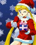  bishoujo_senshi_sailor_moon blonde_hair blue_eyes gift gloves hat legs present santa_costume santa_hat tsukino_usagi wink 