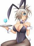  aki_(suterii) animal_ears bad_id bad_pixiv_id bare_shoulders black_legwear blush bow bowtie breasts bunny_ears bunnysuit cleavage drink grey_hair hair_over_one_eye highres large_breasts original pantyhose short_hair solo suterii tray wrist_cuffs 