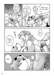  bear blush canine comic dialog dialogue dog gay greyscale hard_translated male mammal midriff monochrome overweight pinned text translated underwear wantaro 