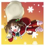  amami_haruka bad_id bad_pixiv_id brown_hair falling flapping green_eyes idolmaster idolmaster_(classic) minatsuki_randoseru mittens sack santa_costume short_hair snowflakes solo thighhighs 