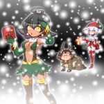  2girls bidoof black_hair breasts chandelure christmas cleavage dark_skin detached_sleeves freckles gift gijinka glasses gloves gothic_lolita hat large_breasts lolita_fashion luxio moemon multiple_girls navel no_pants open_mouth personification pokemon pokemon_(game) pokemon_black_and_white pokemon_bw present purple_hair reindeer santa_costume santa_hat shanderaa shiratsuki short_hair skirt sleeves_past_wrist sleeves_past_wrists snow thighhighs yellow_eyes 