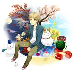  bad_id bad_pixiv_id blonde_hair brown_eyes bug butterfly cat flower food fruit innertube insect male_focus moon natsume_takashi natsume_yuujinchou nyanko sen_nai shaved_ice snowman watermelon 