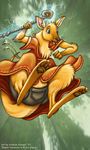  jumping kangaroo mage magic_user mammal marsupial polearm pouch robe solo staff tree trees unknown_artist wood 