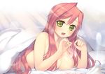  :d after_sex afterglow arima_kanae blanket blush breasts condom cum ghost giving_up_the_ghost green_eyes highres holding holding_condom jewelry kashiwamochi_yomogi large_breasts long_hair lying mature naked_sheet nipples on_stomach open_mouth original pink_hair ring smile solo sweat under_covers used_condom wedding_band 