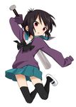  1girl a_channel baseball_bat black_hair ichii_tooru jumping loli official_art open_mouth oversized_sleeves red_eyes school_uniform shoes short_hair simple_background skirt solo sweater thighhighs tooru_(a_channel) white_background 