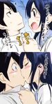  1girl aragaki_ayase black_eyes black_hair blue_eyes blush colorized comic highres kiss kousaka_kyousuke long_hair ore_no_imouto_ga_konna_ni_kawaii_wake_ga_nai school_uniform short_hair translated watarai_keiji 