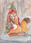  anthro breasts canine countershading eyes_closed female fox hair kneeling mammal nude red_hair solo ta-ek watermark 