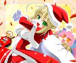  2girls archer bag blonde_hair christmas fate/extra fate_(series) green_eyes hat hisame_genta md5_mismatch multiple_girls nero_claudius_(fate) nero_claudius_(fate)_(all) petals santa_costume santa_hat smile tamamo_(fate)_(all) tamamo_no_mae_(fate) 