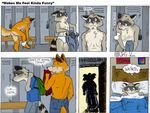  back back_turned balls bed briefs butt canine closet_coon colin_young comic dressing english_text fox gay jeff-kun leafdog locker_room male mammal nude raccoon red_fox standing tail_clothing text topless underwear undressing 
