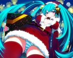  aqua_eyes aqua_hair aqua_nails bell belt christmas from_below gift hair_bell hair_ornament hat hatsune_miku impossible_clothes impossible_shirt long_hair nail_polish night panties pantyshot santa_costume santa_hat shirt skirt smile solo striped striped_panties suko_mugi thighhighs twintails underwear very_long_hair vocaloid 