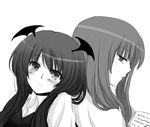  back-to-back bad_id bad_pixiv_id bat_wings blush book greyscale head_wings koakuma long_hair looking_at_viewer monochrome multiple_girls no_hat no_headwear patchouli_knowledge reading sui_(camellia) touhou wings 