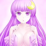  bare_shoulders breasts cleavage crescent crescent_hair_ornament hair_ornament highres large_breasts long_hair no_bra off_shoulder patchouli_knowledge purple_eyes purple_hair solo touhou y2 