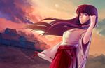  adjusting_hair bad_id bad_pixiv_id black_hair building dutch_angle evening highres inuyasha japanese_clothes kikyou_(inuyasha) long_hair miko sky solo traki twilight 