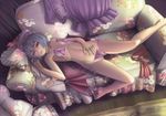  barefoot bat_wings blue_hair bra cameltoe couch covered_nipples flat_chest floral_print hat highres lingerie lying on_back panties pillow purple_bra purple_panties raybar red_eyes remilia_scarlet short_hair side-tie_panties solo touhou underwear underwear_only wings 