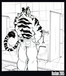  anthro bathroom belt butt feline jeans male mammal monochrome muscles penis rackun restroom restroom_stall solo stripes tail tiger urinal 