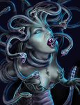  breasts fangs female forked_tongue glowing_eyes medusa naga scales snake_hair solo tail 