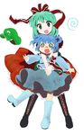  @_@ blue_hair boots cross-laced_footwear dress green_eyes green_hair hair_bobbles hair_ornament hair_ribbon hat hat_removed headwear_removed hug kagiyama_hina kawashiro_nitori key lace-up_boots misa_(mikarin) multiple_girls open_mouth ribbon short_hair touhou two_side_up v_arms 