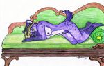  2007 black_hair black_nose breasts dickgirl hair hyena intersex lying nipples nude on_side p-chan purple sheath short_hair sofa solo spots tail tsukuba white_background yellow_eyes yellow_hair 