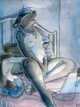  blue_hair breasts cum cum_on_stomach fur grey_fur grey_penis hair herm intersex mac mammal masturbation oh_face penis ruaidri skunk spread_legs spreading 