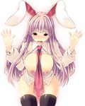  animal_ears areolae black_legwear blush bottomless breasts breasts_outside bunny_ears highres hips huge_breasts kaneru long_hair naked_shirt necktie new_year nipples no_bra nose_blush open_mouth pubic_hair purple_hair pussy red_eyes red_neckwear reisen_udongein_inaba see-through shirt skindentation solo tearing_up tears thigh_gap thighhighs touhou wide_hips 