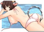  animal_ears back big_breasts bikini blush bovine breasts brown_hair butt cow female hair horns looking_at_viewer on_front short_brown_hair short_hair side_boob skimpy solo tail topless 
