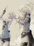  1girl bad_id bad_pixiv_id braid braiding_hair closed_eyes couple flower hair_flower hair_ornament hairdressing hetero kaine_(nier) light_smile mirror mouth_hold nier nier_(series) nier_(young) shio_(babbi13) white_hair 