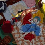  bad_id bad_pixiv_id barefoot bed blanket cirno closed_eyes frilled_pillow frills from_above hakurei_reimu hat hat_removed headwear_removed kirisame_marisa lying messy_sleeper multiple_girls on_back open_mouth pillow shanghai_doll sleeping touhou tucking_in yamada_ranga 