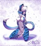  blue breasts feline female fur hair kneeling mammal nude pink_eyes solo stripes tattoo tiger tofu93 white_hair 