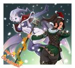  2girls ass blue_eyes blue_hair blue_lips blue_skin brown_eyes brown_hair cape christmas female final_fantasy final_fantasy_xi hat hume lieutenant lieutenant_(pixiv1484889) long_hair looking_back midriff multiple_girls pointy_ears ponytail santa_hat shiva shiva_(final_fantasy) staff 