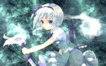  black_hairband blue_eyes hairband katana konpaku_youmu konpaku_youmu_(ghost) misa_(mikarin) short_hair silver_hair solo sword touhou weapon 