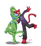  cat clothed couple crossgender dalus dalus_(character) eyes_closed feline female green horns hug lizard male red scalie shaw_(character) skimpy standing tail white_background 