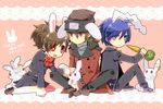  2boys animal_ears aragaki_shinjirou beanie blue_eyes blue_hair brown_hair bunny_ears female_protagonist_(persona_3) hair_ornament hat multiple_boys new_year persona persona_3 persona_3_portable red_eyes school_uniform shooting-star short_hair yuuki_makoto 