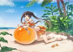  arancia bad_id bad_pixiv_id barefoot beach brown_hair day eihi food fruit midriff miniskirt ocean open_mouth orange orange_skirt original palm_tree skirt solo tree twintails yellow_eyes 