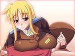  1600x1200 blonde_hair blush breasts erio_mondial fate_testarossa handjob highres large_breasts long_hair lyrical_nanoha mahou_shoujo_lyrical_nanoha mahou_shoujo_lyrical_nanoha_strikers penis 