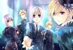  aurora axis_powers_hetalia bad_id bad_pixiv_id bird bishounen blonde_hair blue_eyes cross crossed_arms denmark_(hetalia) feathers finland_(hetalia) formal hair_ornament hairclip huayne iceland_(hetalia) lace light_smile looking_back male_focus multiple_boys necktie norway_(hetalia) open_mouth pale_skin purple_hair scarf shirt silver_hair spiked_hair spiky star suit sweden_(hetalia) white_shirt 