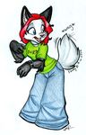  blue_eyes canine clothing ebony female hair holly_massey mammal necklace pants plain_background red_hair shirt solo tail tailwag wag white_background wolf 