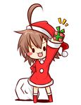  :3 ahoge blush_stickers boots brown_hair chibi christmas gift hat holding holding_gift last_order rubii sack santa_costume santa_hat short_hair solo to_aru_majutsu_no_index 