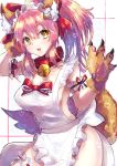  1girl absurdres alternate_costume animal_ear_fluff animal_ears apron bell bell_collar blush breasts cat_hair_ornament collar enmaided fate/grand_order fate_(series) fox_ears fox_tail gloves hair_ornament hair_ribbon hand_in_hair highres large_breasts long_hair looking_at_viewer maid maid_apron maid_headdress mochiko_(mocchikkoo) naked_apron open_mouth paw_gloves paws pink_hair ponytail ribbon sideboob solo tail tamamo_(fate)_(all) tamamo_cat_(fate) white_apron yellow_eyes 