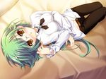  1girl bed blush boku_no_te_no_naka_no_rakuen breasts caramel_box character_request game_cg glasses green_hair long_hair luzie_coulee monocle solo source_request yellow_eyes 