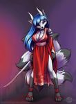  abluedeer anthro big_breasts blood blue_eyes blue_hair breasts canine clothing demon female fox fur hair horn horns japanese_clothing kimono long_hair looking_at_viewer mammal multiple_tails samuraidemon solo sword tail weapon yuki_(samuraidemon) 