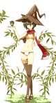  animal_ears bikini_top brown_hair cat_ears chibi ears_through_headwear green_eyes groin hat highres kiki_(koba) leaf midriff n_i_n_o navel original panties scarf solo thighhighs underwear witch_hat 