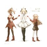  3girls artoria_pendragon_(all) backless_outfit black_bow black_legwear black_ribbon blonde_hair blush boots bow brown_shorts choker detached_sleeves dress fate_(series) father&#039;s_day full_body hair_bow hair_ornament hair_over_eyes hair_scrunchie hand_on_hip high_heel_boots high_heels high_ponytail highres long_hair long_sleeves mordred_(fate) mordred_(fate)_(all) multiple_girls neck_ribbon red_footwear red_scrunchie red_sleeves ribbon saber_lily scrunchie short_dress shorts simple_background sleeveless sleeveless_dress standing strapless strapless_dress thighhighs touru_10ru white_background white_dress 