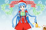  animal_costume bell blue_eyes blue_hair breath christmas dress gift hat holding holding_gift ikamusume incoming_gift kisen_shijima long_hair mittens nagatsuki_sanae reindeer santa_costume shinryaku!_ikamusume solo tentacle_hair 