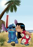  beach beach_house black_hair blue blue_fur bray clothing coconut female fur hair human kissing lilo lilo_and_stitch male mammal ocean palm_tree sand sandals sea seaside sky stitch stitch_(disney) surfboard water wood 