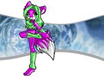  abstract_background bikini_bottom breasts canine crop_top female fox green_eyes green_hair leg_warmer pink plantigrade pose solo 